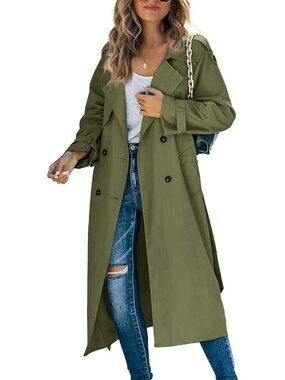 Women's Olive Windproof Belt Double-Breasted Lapel Collar Duster Trench Overcoat